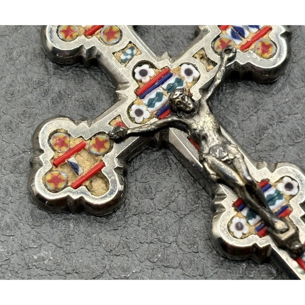 VTG Large Italian Micro Mosaic Crucifix Pendant Cross Religious READ Silver Tone